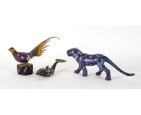 THREE CHINESE CLOISONNÉ ENAMEL ANIMALS (3)Modern
Comprising a tiger, pheasant on a stand and a dolphin, the tallest 15cm high