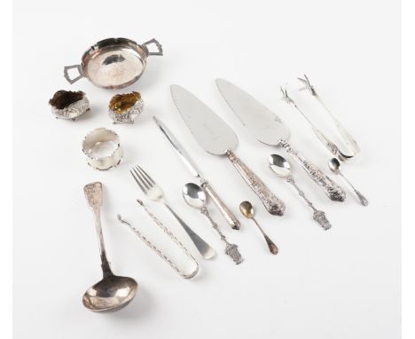 A GROUP OF SILVER, FOREIGN AND PLATED WARES (15)Comprising; a twin handled dish, London 1959, a sauce ladle, a fork, a pair o