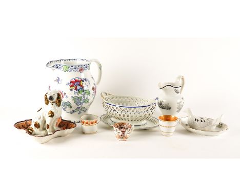 A GROUP OF MOSTLY BRITISH CERAMICS19th/20th century
Comprising; a pearlware oval two-handled basket and a stand; a pearlware 