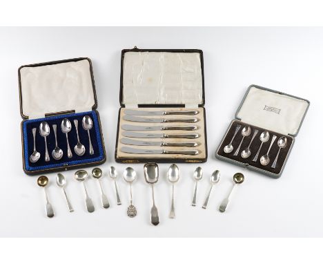 A GROUP OF MOSTLY SILVER FLATWARE (14)Comprising; a set of six teaspoons, Sheffield 1919, a set of six coffee spoons, Sheffie