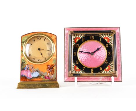 A SWISS PINK GUILLOCHE ENAMEL STRUT CLOCK AND A SILVER-GILT AND ENAMEL DECORATED TIMEPIECE (2)The first, circa 1930s, 8.5cm s