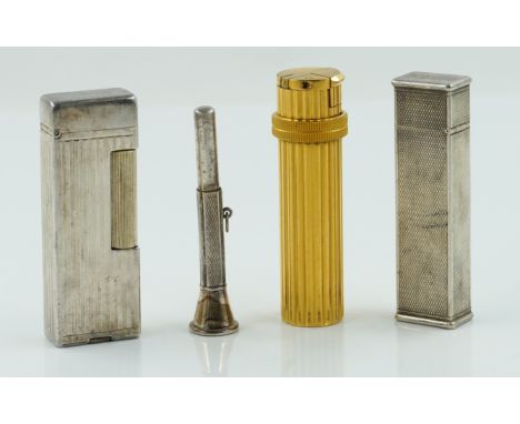 THREE LIGHTERS AND A CIGAR PRICKER (4)Comprising; a Hermes Paris gilt metal cylindrical petrol lighter, with banded decoratio