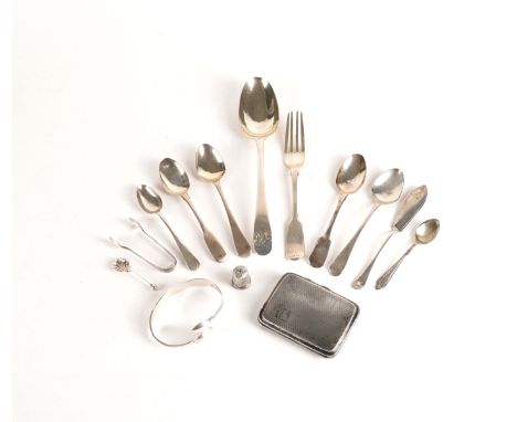 A GROUP OF SILVER (14)Comprising; a cigarette case, a thimble, a butter knife, a salt spoon, a pair of sugar tongs, a pair of