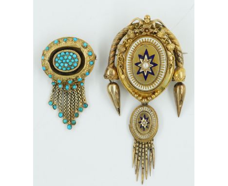 TWO VICTORIAN MOURNING BROOCHESThe larger one with a central star motif with blue enamel and a central seed pearl, the surrou