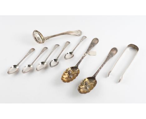 A GROUP OF SILVER TABLE FLATWARE (9)Comprising; a pair of bottom marked berry fruit serving spoons, a sugar sifting spoon, Lo