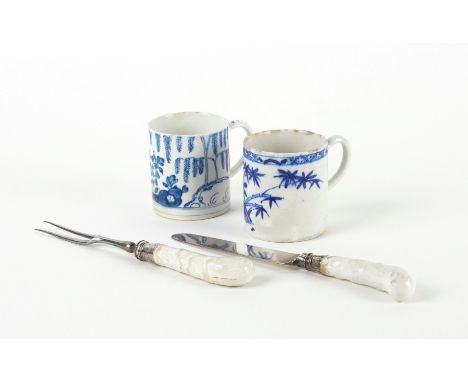 A BOW BLUE AND WHITE COFFEE CANCirca 1755
Painted with a willow tree and lotus flower issuing from a rock, 6cm high; also ano