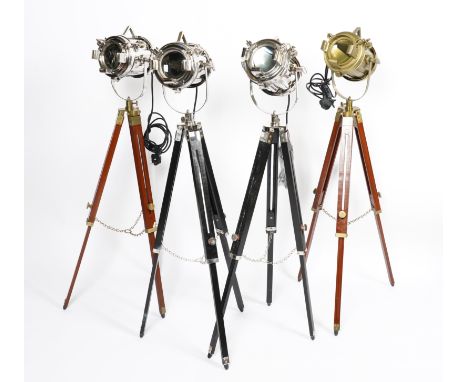 THREE CHROME-PLATED AND ONE BRASS-PLATED SPOT-LIGHTS ON TRIPOD STANDS (4)Recent Manufacture 
Two on ebonised stands, two stai