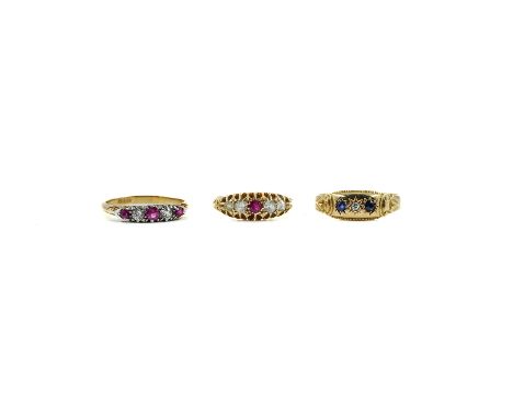 THREE GOLD AND GEM SET RINGS (3)Comprising; an 18ct gold, sapphire and diamond three stone ring, Chester 1914, ring size R, a