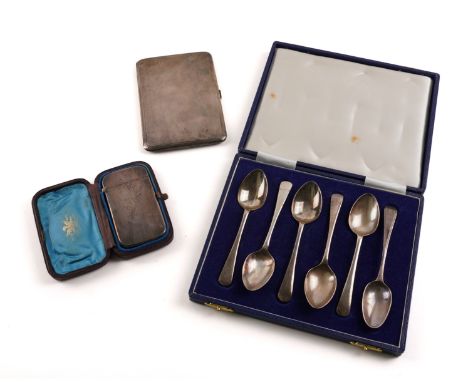 A SILVER CIGARETTE CASE, SIX TEASPOONS AND A VISITING CARD CASE (8)The rectangular cigarette case engine turned, Birmingham 1