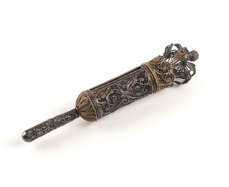 A JUDAIC FILIGREE MEGILLAH ESTHER SCROLL HOLDEROf traditional cylindrical form, with a crown finial, the body decorated with 