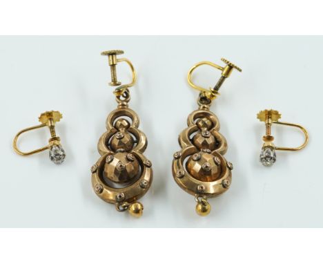 TWO PAIRS OF EARRINGS (2)Comprising; a pair of diamond single stone earrings, each claw set with a cushion shaped diamond, th