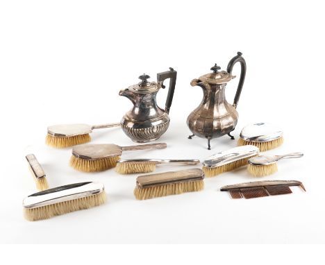 A GROUP OF SILVER MOUNTED AND PLATED WARESTo include; nine hair and clothes brushes and a comb, having silver mounts, two pla