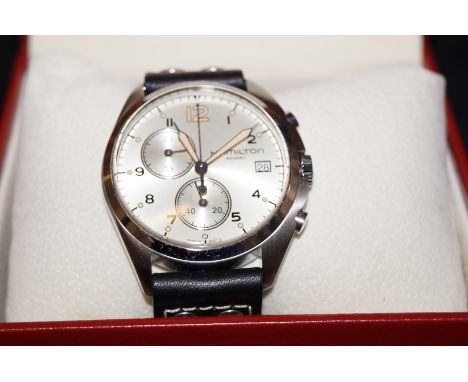 Gents Hamilton Khaki chronograph wristwatch quartz movement with date app &amp; leather strap (Currently ticking, as new cond