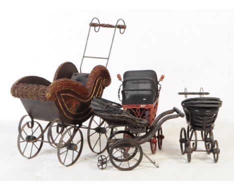 A large decorative teddy bear pram on wheels having a rattan weave basket cot top. Complete with handle on wrought iron frame