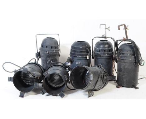 A set of seven vintage industrial mid 20th century industrial / theatre / cinema strand lights by TOMCAT, Pershore, England &