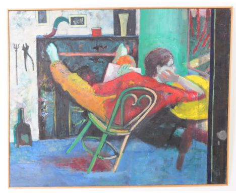 British Modern Art - A 20th century large amateur oil / acrylic on canvas painting depicting&nbsp; a&nbsp; reclining gent bef