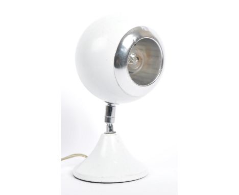 A late 20th century globe / eyeball desk lamp light. Having white aluminium shade, adjustable chrome ball and socket shaft, r