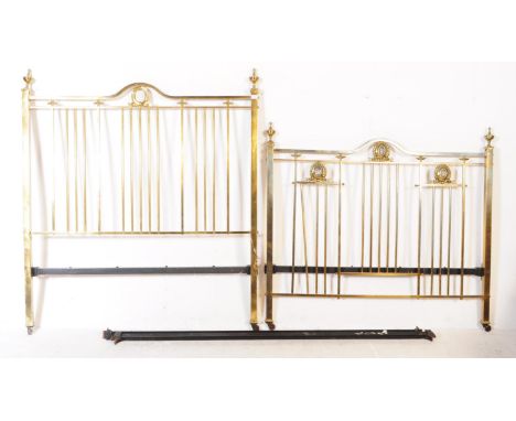A 19th century Victorian brass double bed. The brass bed with square uprights having finial ends to each corner. The bed fram