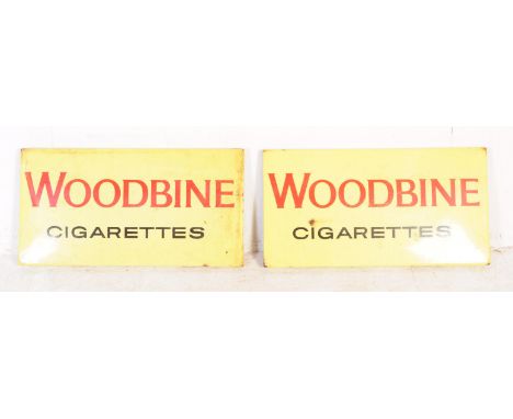 Two matching vintage mid century Wills `Woodbine Cigarettes` shop industrial enamel advertising signs. With red and black let