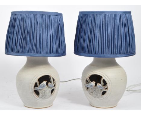 A pair of contemporary continental pottery ceramic table desk lamp lights. With blue conical shades, into a bulbous body with