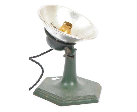 A retro 20th century 1960s infrared portable desk lamp having a conical aluminium light shade, with removable adjustable neck