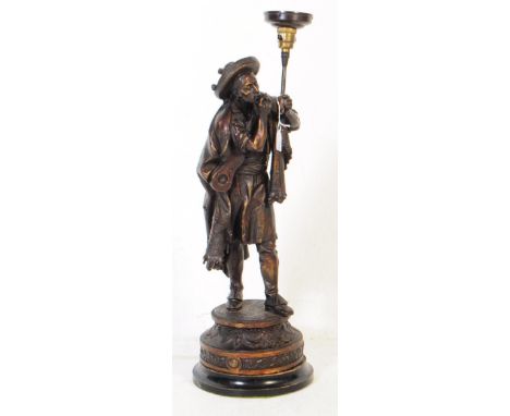 A large early 20th century hollow cast bronzed figural metal lamp base modelled in the form of a Spanish cavalier lighting a 