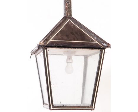 A large believed late 19th century Victorian exterior cast iron lantern / porch lamp. Heavy cast iron construction, with glas
