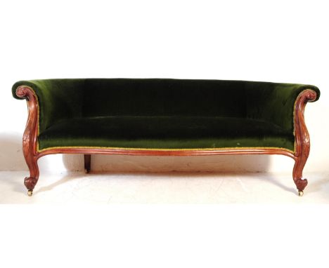 A Victorian mid 19th century circa 1850s carved mahogany &amp; green upholstery scroll end chesterfield sofa settee. The sofa