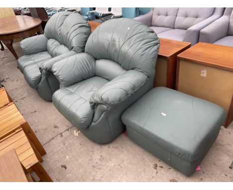 A MODERN GREEN LEATHER TWO SEATER SETTEE, EASY CHAIR AND POUFFE 