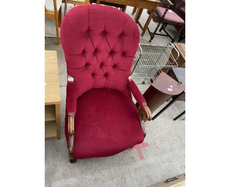 A VICTORIAN MAHOGANY OPEN EASY CHAIR WITH BUTTON BACK RED UPHOLSTERY 