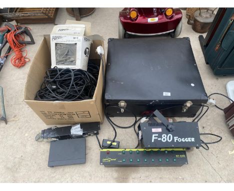 A QUANTITY OF DJ EQUIPMENT TO INCLUDE A SMOKE MACHINE, HEADPHONES AND LIGHT CONTROL BOX ETC 