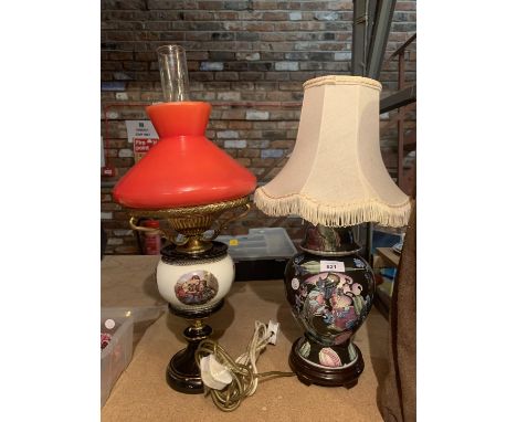 TWO DECORATIVE CERAMIC TABLE LAMPS ONE AN OIL EXAMPLE CONVERTED TO ELECTRIC 
