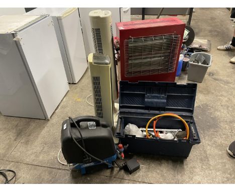 A QUANTITY OF WORKSHOP TOOLS TO INCLUDE A COMPRESSOR AND INDUSTRIAL HEATER ETC THIS ITEMS TO BE COLLECTED FROM THE WAREHOUSE 