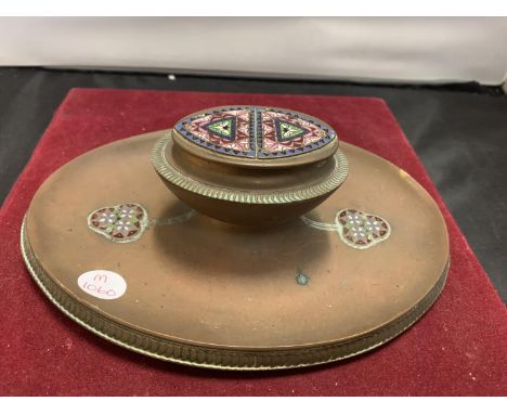 A DECORATIVE OVAL BRASS CLOISONNE INKWELL 