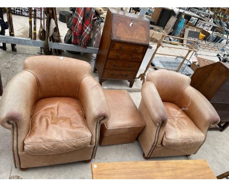 A PAIR OF MODERN LEATHER TUB TYPE CHAIRS AND A POUFFE 