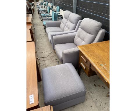 A MODERN TWO SEATER SETTEE, EASY CHAIR, POUFFE AND A MAHOGANY FRAMED MIRROR 
