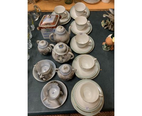 SIX ROYAL DOULTON 'BERKSHIRE' TRIOS AND A MARKED ORIENTAL TEA SET TO INCLUDE A TEA CADDY 