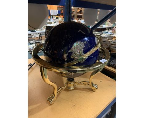 A LAPIS LAZULI AGATE GEMSTONE HANDCRAFTED LARGE GLOBE INCORPORATING A COMPASS 