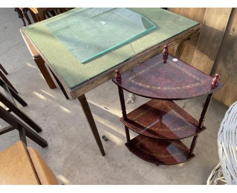 A CARD TABLE WITH GREEN BAIZE TOP AND A CORNER WHAT NOT