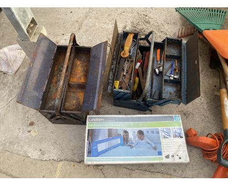 TWO VINTAGE METAL TOOL BOXES WITH CONTENTS AND A FOLDING BED RAIL 
