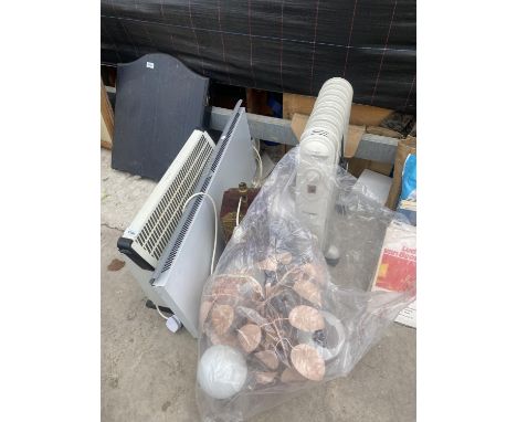 AN ASSORTMENT OF ITEMS TO INCLUDE THREE ELECTRIC HEATERS, A LIGHT FITTING AND A TABLE LAMP ETC 