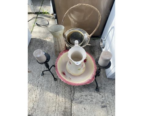TWO CANDLE HOLDERS, CERAMIC JUG AND BOWL, TWO NEW PICTIURE FRAMES ETC 