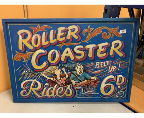 A LARGE WOODEN ROLLER COASTER SIGN 79CM X 54CM 