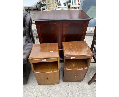 A PAIR OF OAK LEBUS BEDSIDE LOCKERS AND A MAHOGANY VENEERED TV CABINET 