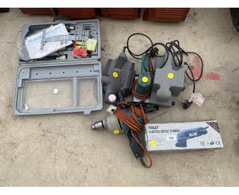 AN ASSORTMENT OF POWER TOOLS TO INCLUDE TWO PLANES, A SANDER, AN EINHELL DRILL WITH DRILL BITS ETC 