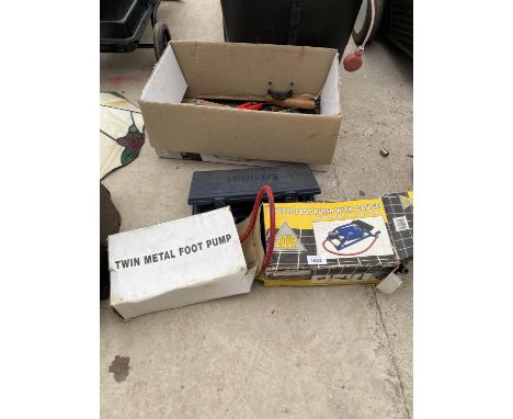 AN ASSORTMENT OF HAND TOOLS TO INCLUDE SAWS, A FOOT PUMP AND SOCKETS ETC 