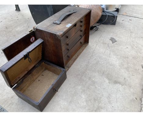 A VINTAGE WOODEN TOOL CHEST AND A FURTHER WOODEN BOX 