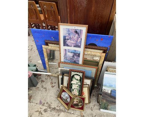 THREE FRAMES CERAMIC TILES AND VARIOUS FRAMED PRINTS AND PICTURES 