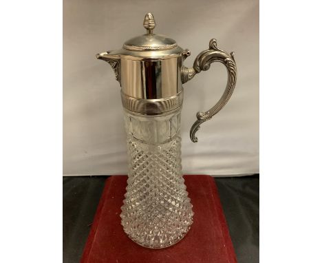 A LARGE CUT GLASS CLARET JUG WITH SILVER PLATE TOP AND HANDLE H:36CM 