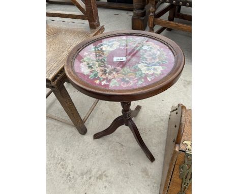 A MODERN TRIPOD TABLE WITH FLORAL TAPESTRY TOP, 14.5" DIAMETER 